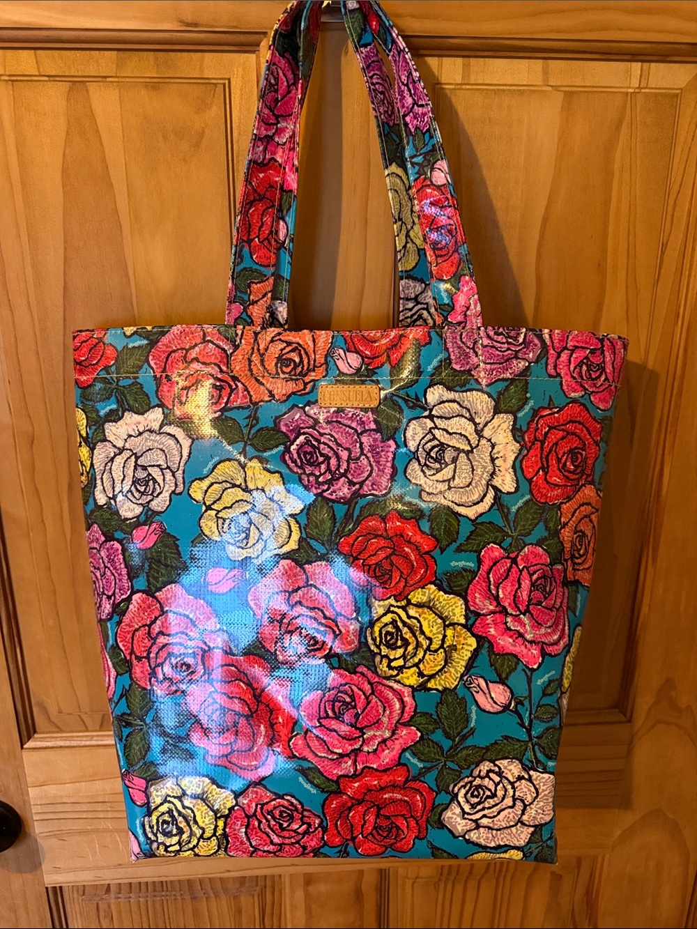 Rosita Consuela Tote Floral Rose Print Tote Bag in Teal with Multicolor Roses